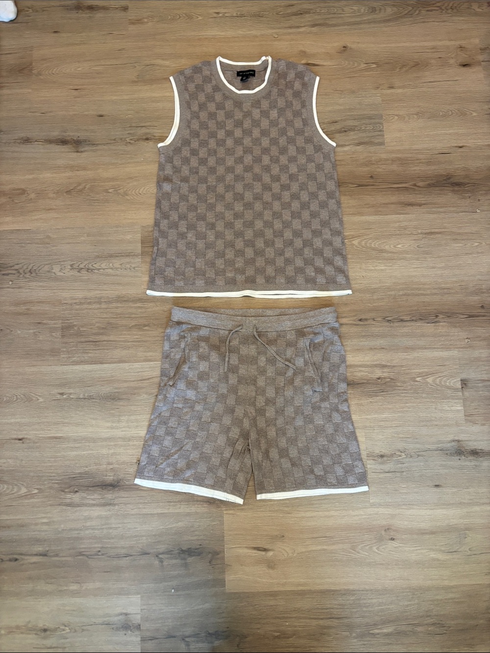 Checker Knit Tank & Shorts Set in Taupe with Cream Trim